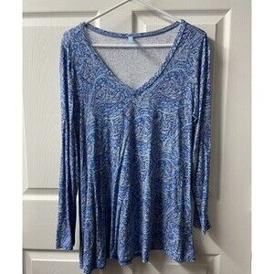 Awullifan Top Womens Large Blue Floral Jersey V Neck Popover  Casual Career